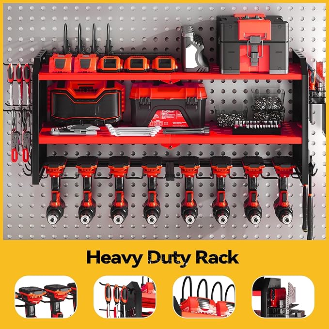 SOYEEZE Large Power Tool Organizer Wall Mount with Charging Station, 3 Layer Heavy Duty Metal Tool Storage Rack with 8 Drill Holder, Tool Holder Built in 8 Outlet Power Strip-Red
