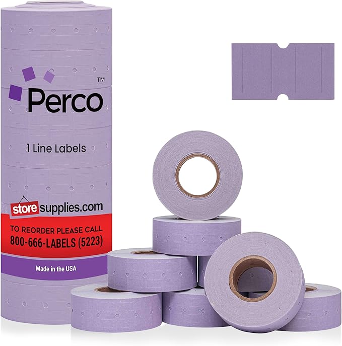 Perco 1 Line Lavender Labels - 8 Rolls, 1 Sleeve, 8,000 Blank Price and Date Gun Labels for Perco 1 Line Price and Date Guns - Made in USA