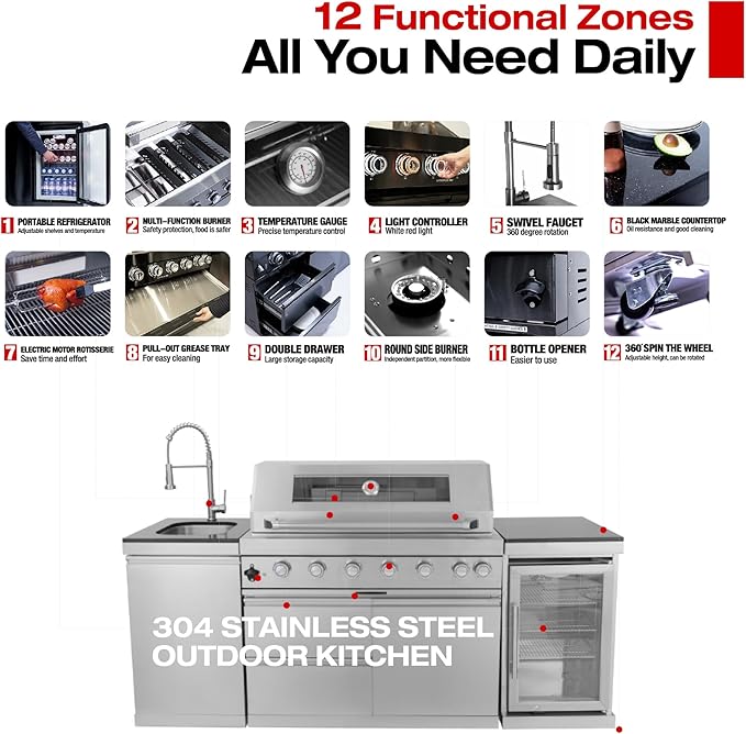 82 Inches 6-Burner 85000 BTU Deluxe Stainless Steel Propane Gas Outdoor Kitchen Bar Barbecue Island Grill with Wine Cooler, Compact Refrigerator, Rotisserie, Granite Countertops & Storage, Silver