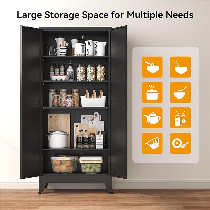 COFaR 71" Modern Pantry Cabinet in Black, 5-Tier Storage Cabinet with Adjustable Shelves, Industrial Steel Cupboard for Kitchen, Office & Living Room Organization
