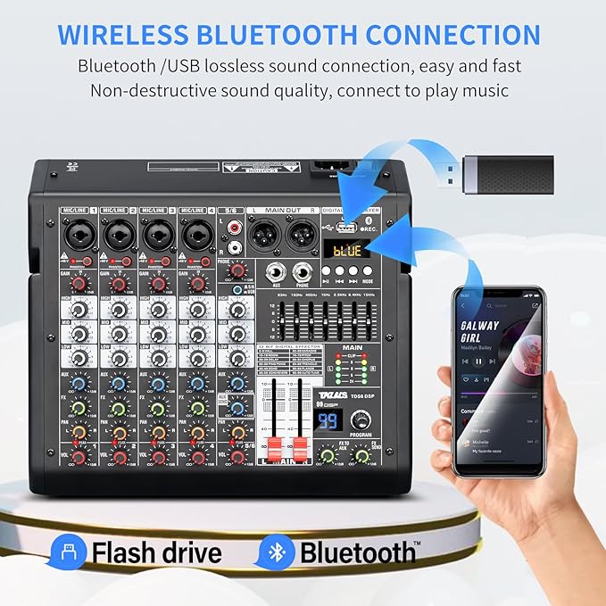 Audio Mixer, 6-Channel Professional DJ Mixer with 99-Bit DSP Effects, 7-Band EQ, 48V Phantom Power, MP3/Computer Input - Studio Audio Mixing Console for Recording & Live Performances