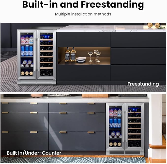 Yeego 24 Inch Wine and Beverage Refrigerator - 60 Cans & 20 Bottles Wine Fridge with Glass Door, 36-72°F Built-In or Freestanding Dual Zone Wine Cooler for Kitchen Bar Office Beer Soda Drink