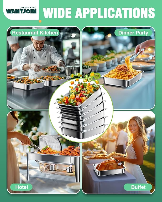 WantJoin Steam Table Hotel Pans 1/2 Half Size 4 Inch Deep 6 Pack, Stainless Steel Metal Tray Sets Food Storage Container for Restaurant Chafing Dishes Commercial Buffet Warmer Catering Supplies