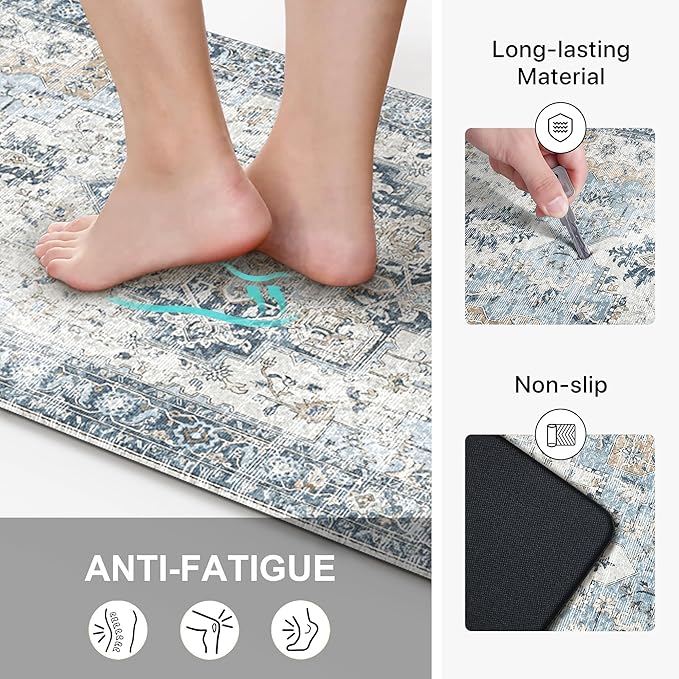 GENIMO Kitchen Mats for Floor 2PCs, Washable Anti Fatigue Mat for Cushioned, 20"x48"+20"x32", Waterproof Kitchen Rugs, Non Slip Comfort Standing Mat Rug for Home, Sink, Laundry, Light Blue