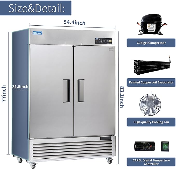 ICECASA 54" W Commercial Refrigerator Reach-in 49 Cu.ft 2 Solid Door Stainless Steel Commercial Refrigerator Fan Cooling for Restuarant, Bar, Shop, etc
