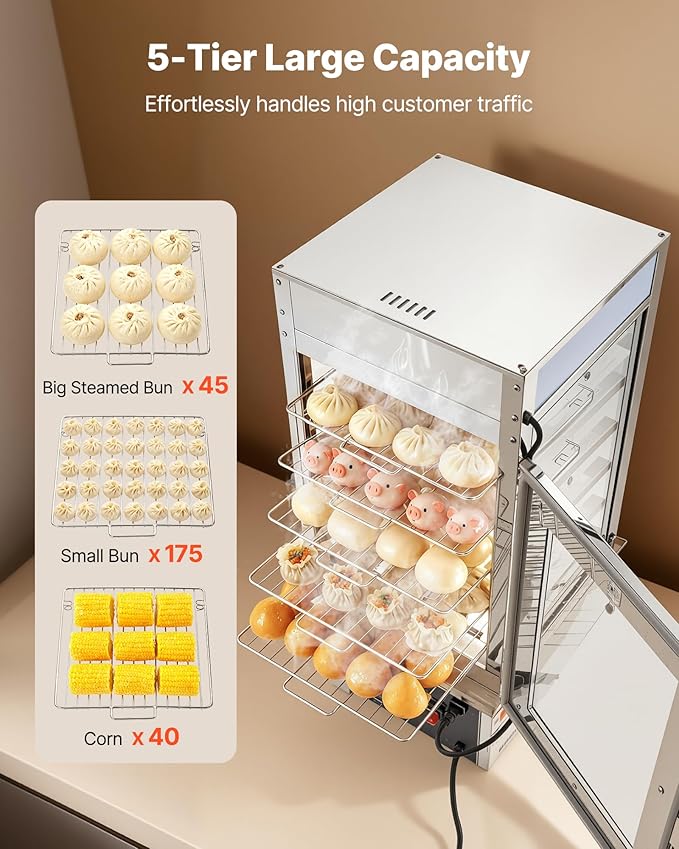 VEVOR 5-Tier Commercial Food Warmer Display, 1200W Food Display Warmer with LED Light, Adjustable Shelf & Stainless Steel Frame, 86℉~230℉ Steam Heating, 120L for Hamburger, Pizza, Bread, Fried Chicken