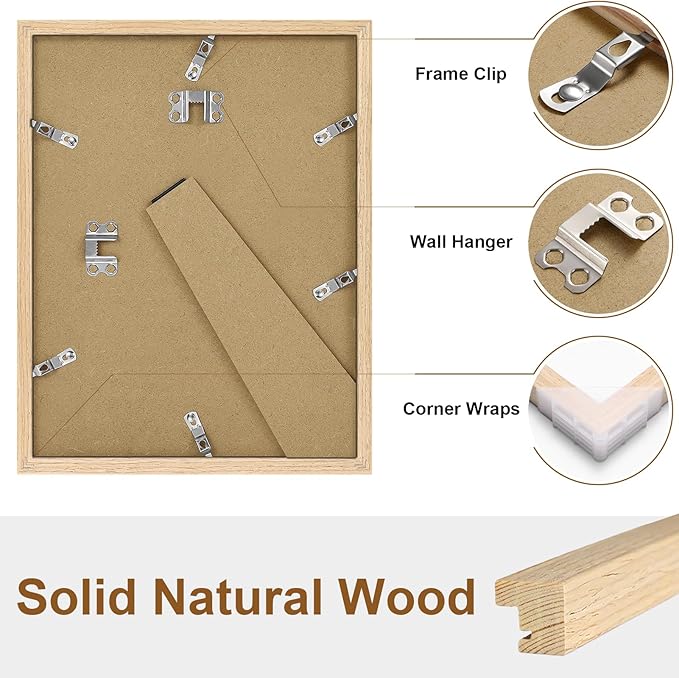 Vittanly 8.5x11 Picture Frame Set of 2, Solid Wood Frame for Wall or Tabletop, Display Photo 6x8 with Mat or 8.5x11 without Mat, Natural