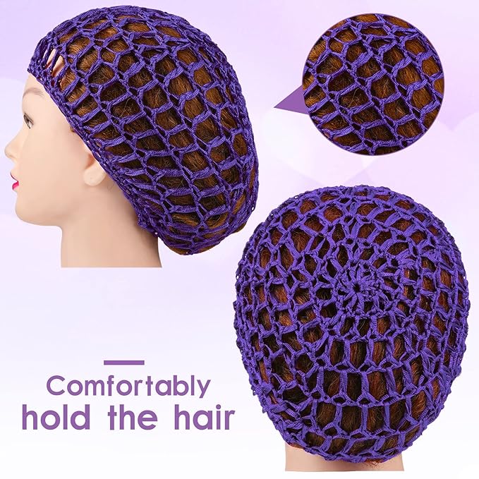 Geyoga 4 Pieces Mesh Crochet Hair Net Rayon Knit Snood Hat Thick Short Women Hairnet Snoods Cover Ornament for Sleeping (Black, Purple)