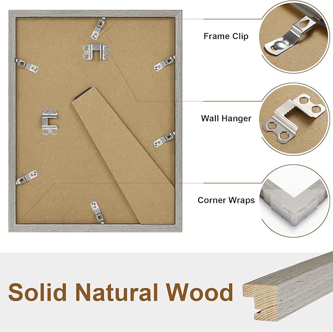 Vittanly 8.5x11 Picture Frame, Solid Wood Frame with Plexiglass, Includes 6x8 Mat, Wall Hanging or Tabletop for Photos, Home Decor, Grey, 1 Pack