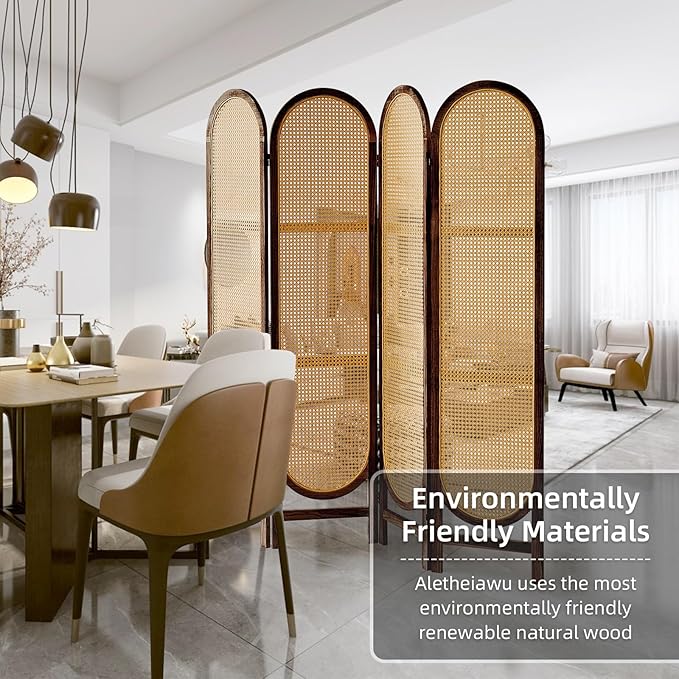4 Panel Room Divider, 5.6 Ft Foldable Wood Room Divider Screen, Hand-Woven Rattan Folding Privacy Screens with Double Hinges, Wall Divider for Room Separation Bedroom Home Office - Brown