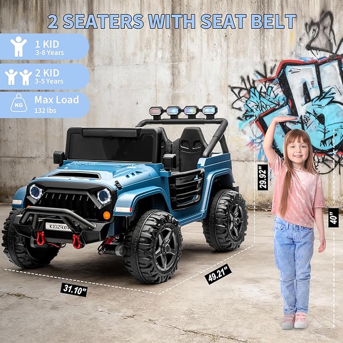 Kids 24V 2-Seater Electric Ride On Car, 4x4 Ride On Truck w/Remote Control, 4-Wheeler Suspension, 3 Speeds, Led Lights, Bluetooth, Ride on Car Toy for Kids Ages 3-8, Lake Blue