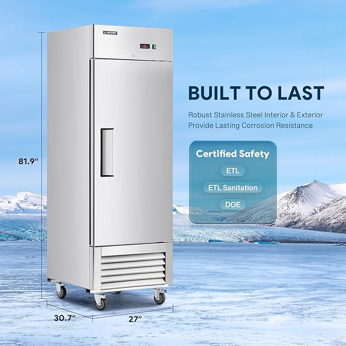 Wilprep Commercial Refrigerator 27" W 1 Door 1 Section ETL-Listed Stainless Steel Upright Fridge 23 Cu.ft Reach-in Solid Upright Fan Cooling Refrigerator for Restaurant, Bar, Shop, etc