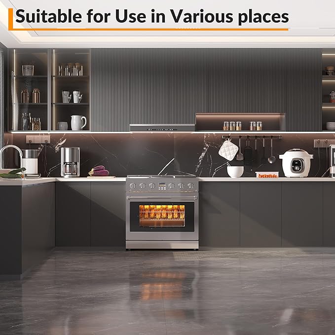 36 Inch Stainless Steel Dual Fuel Range, Freestanding Stove with 6 Sealed Gas Burners and a 6.0 Cu.Ft Self-Cleaning Electric Oven, Features True Convection for Home or Commercial Kitchens