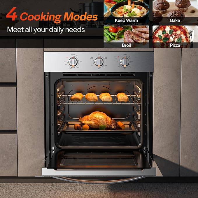 Empava 24 Inch Electric Single Wall Oven in Stainless Steel, 4 Cooking Modes with Mechenial Knob Control, 2.5 Cu.ft, 2950W