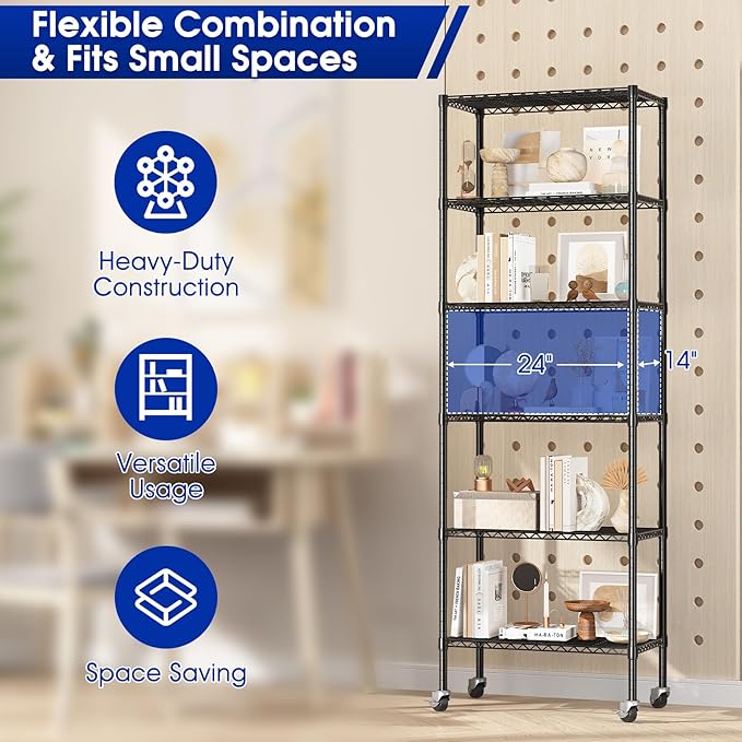 2 Pack Rolling 6-Tier Storage Shelves with Wheels, Heavy Duty Wire Shelving Rack Capacity 750 lbs, 14" D x 24" W x 71" H Adjustable Metal Shelving for Garage, Closet, Kitchen