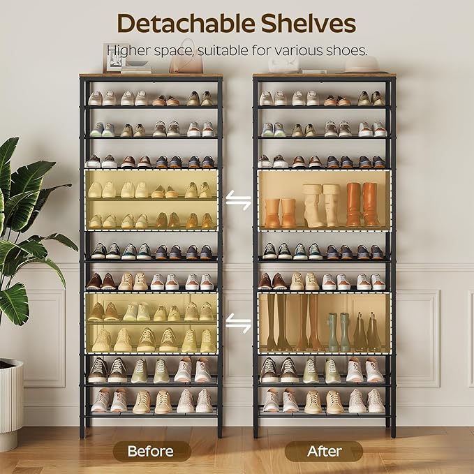 12 Tier Shoe Rack, Large Capacity Shoe Storage Organizer Holds 48 Pairs, Sturdy and Stable, for Entryway, Hallway, Closet, Dorm Room, Rustic Brown SS12BR