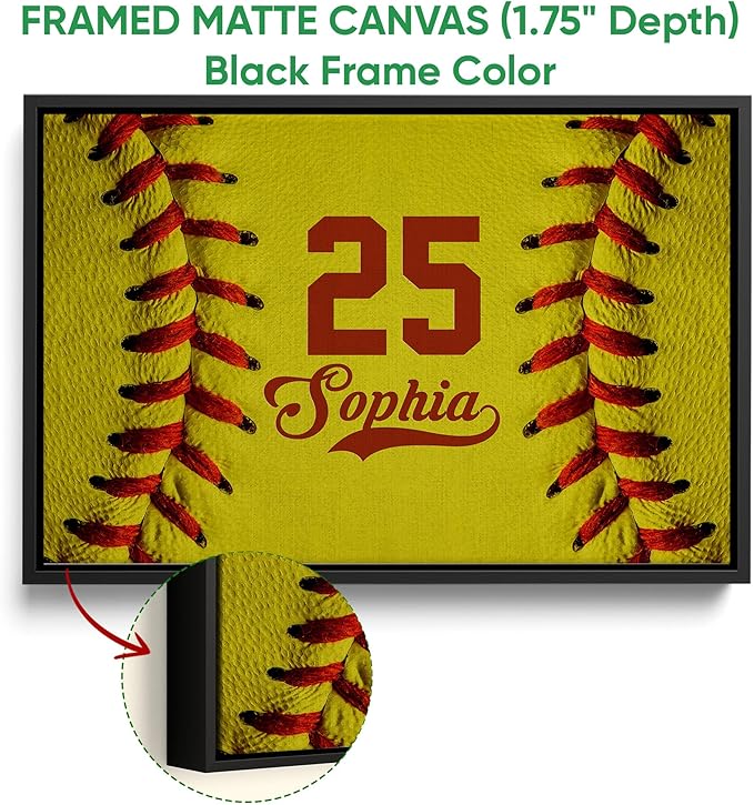 Personalized Softball Poster & Framed Canvas - Close Up Of Softball Ball Home Office Decor, Custom Name Number Bedroom Living Room Aesthetic Wall Art Gift For Daughter Girl, Women