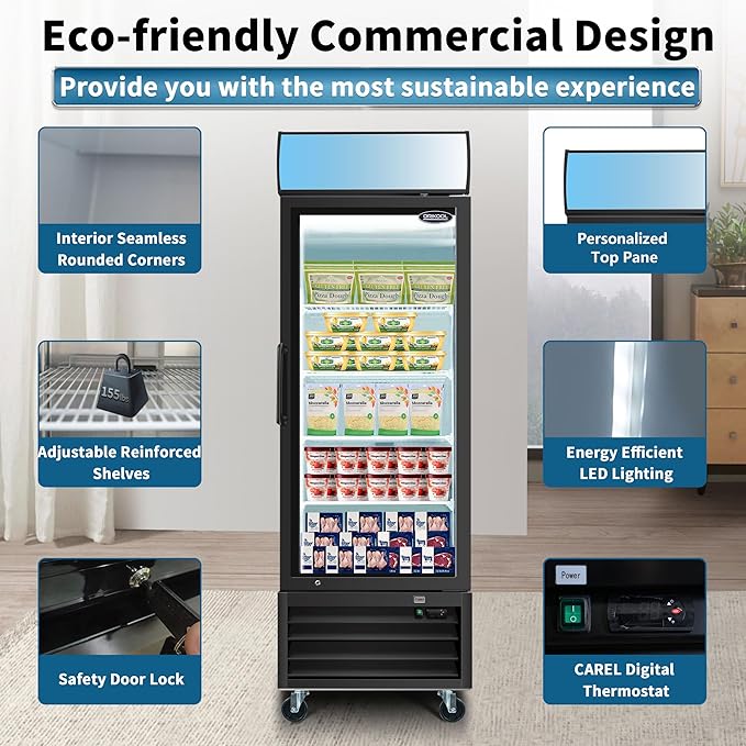 mikibama Glass Door Merchandiser Freezer, 19.3 Cu.ft Swing Door Commercial Reach-In Display Refrigerator with LED Top Panel Upright Freeze Storage, Single Cabinet, Black