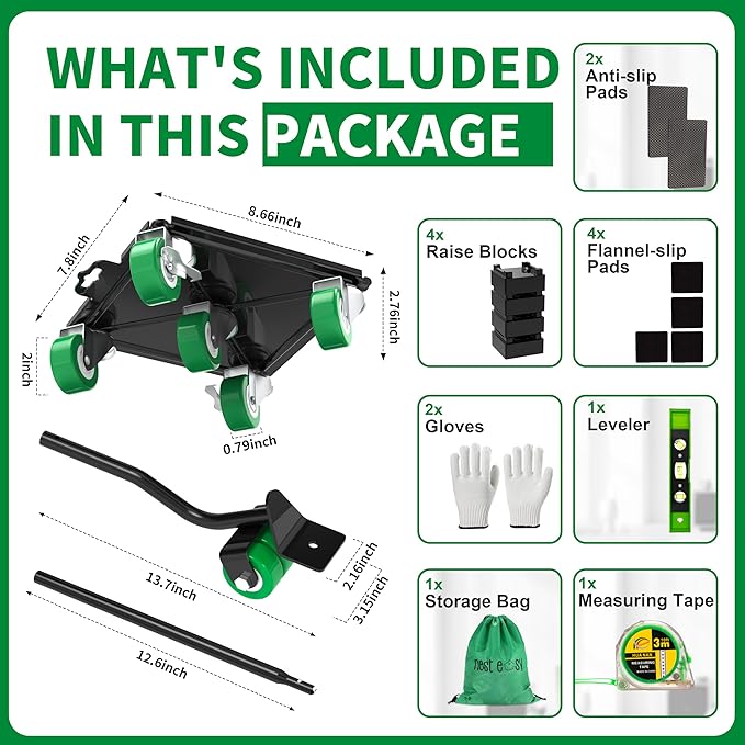 Upgraded Heavy Duty Furniture Dolly 360° Rotating 5 Wheels, Alloy Steel Furniture Movers Up to 3748 lbs/1700 Kg Load Capacity with Measure Tape and Leveler (8.6x7.8 in)