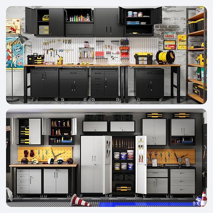 Metal Tool Cabinet,Garage Storage Cabinet System,Wall Cabinet & Locking Rolling Tool Cabinet with Doors and Adjustable Shelves,Steel Tool Cabinets for Home (5 Pcs-StyleB, Black)