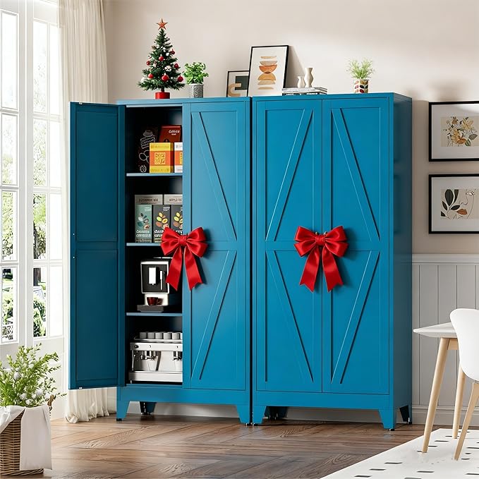 Blue Metal Kitchen Pantry Cabinet, 61" Tall Farmhouse Storage Cabinet with 2 Vintage Barn Doors and 4 Adjustable Shelves, Rustic Freestanding Cupboard for Kitchen,Home Office Living Room,Dining Room
