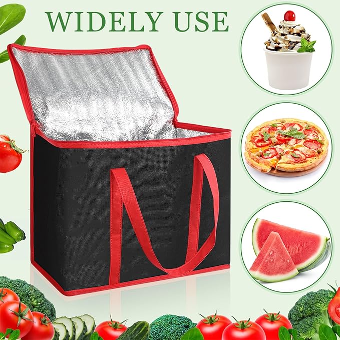 Kenning 15 Pcs Large Insulated Reusable Grocery Bags with Sturdy Zipper and Handles Foldable Washable Cooler Totes Heavy Duty Hot or Cold Food Delivery Bag for Food Transport Travel Lunch (Black Red)