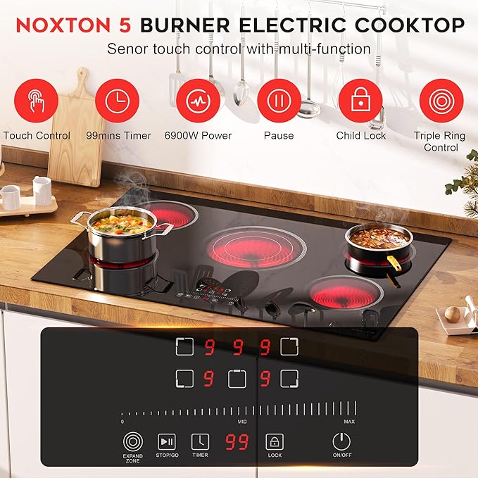 Noxton 30 Inch Electric Cooktop, 5 Burners Electric Stovetop, Built-in Glass Cooktop, 9 Power Level, Pause, Timer, Child Safety Lock, Triple Ring, 220-240V Hardwire(NO plug)