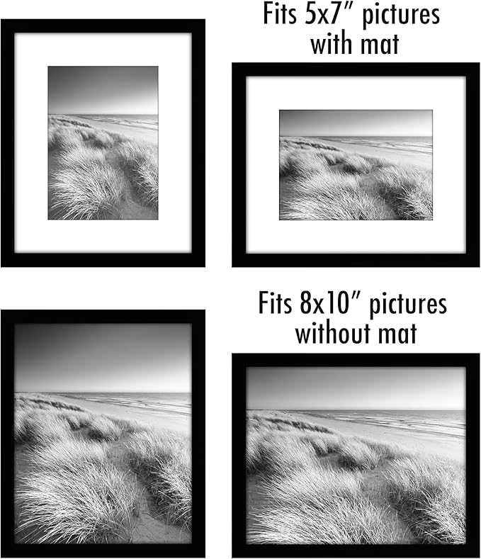 Americanflat 8x10 Picture Frame with Polished Plexiglass - Set of 5 - Use as 5x7 Frame with Mat or Display 8x10 Photo Without Mat - Galleria Collection - Picture Frames for Tabletop and Wall - Black