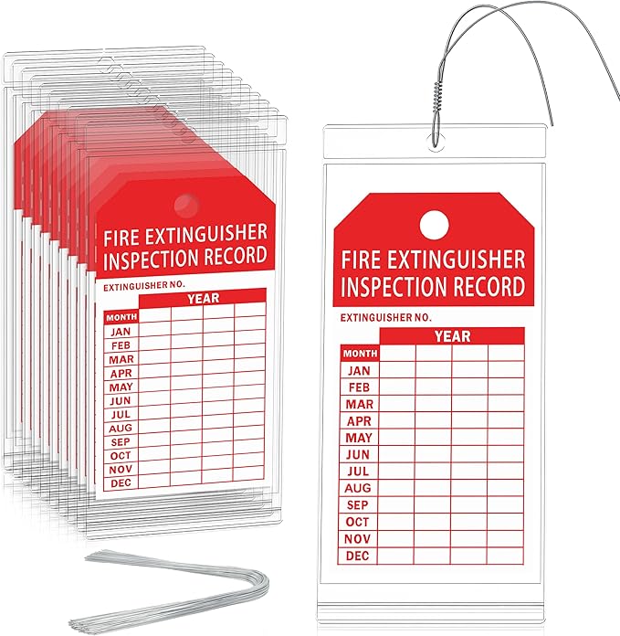 50 Fire Extinguisher Inspection Tag Plastic Cover 3.4 x 7.3 Inch Service Record Tags Fire Extinguisher Tamper Seal with Fire Tags and Iron Wire Resealable Waterproof for Indoor and Outdoor (50)