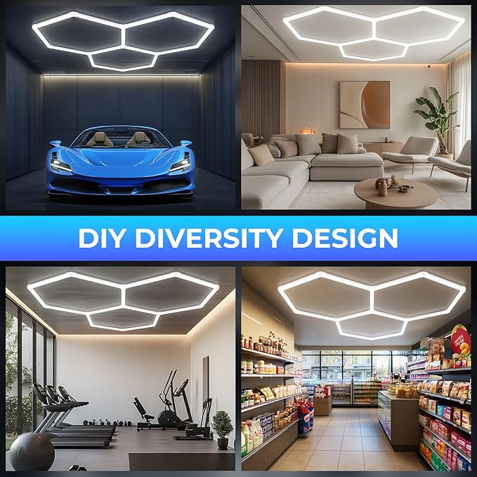 Hexagon Garage Lights-128W LED,5000K 14080LM Updated Bigger Size 16 Pack Lights for Car Detailing,Workshop,Basement,Gym,Bar