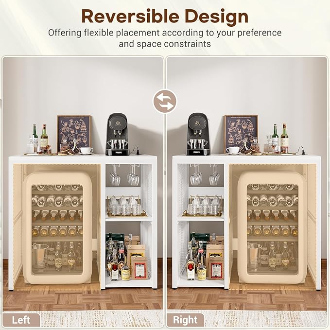 Homieasy Mini Fridge Cabinet Stand with Power Outlet, Coffee Bar Cabinet with Mini Fridge Space, Bar Stand with Microwave Shelf with Wine Rack for Kitchen, Dorm, White