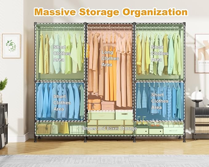 E14C Heavy Duty Closet Organizer System，Freestanding Clothing Racks for Hanging Clothes，Adjustable Garment Rack 70.1" W × 16.6" D × 76.4" H Hold 960 lbs，Black Rack with Black Dustproof Cover