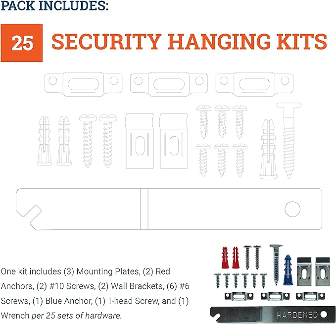 Frame Lock Security Hanging Kits with T-Head Screws - 25 Pack - Anti-Theft Security Lock Hangers for Art in Museums, Art Galleries, Hotels and Restaurant - Supports Up to 15 Pounds
