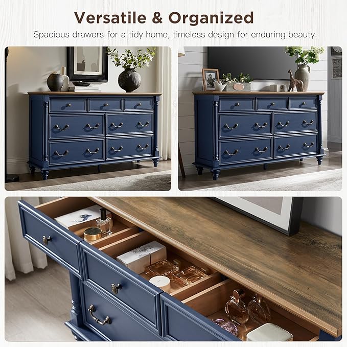 T4TREAM Farmhouse 7 Drawers Dresser Chests for Bedroom with 4 Solid Wood Feet, Tall Wide Wood Country Rustic Chest of Drawers, Storage Dressers for Bedroom, Living Room, Rustic Oak Antique Blue