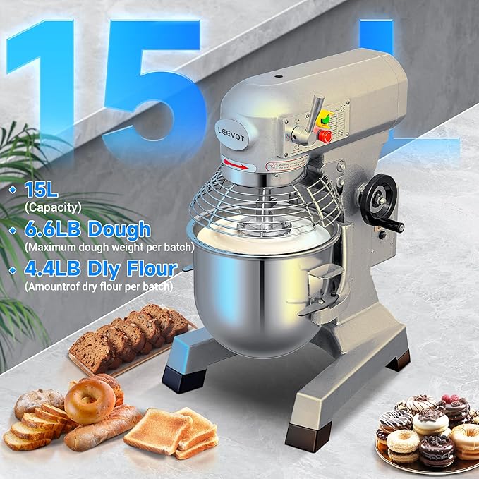 15Qt Commercial Food Mixer with Timing Function,600W Commercial stand mixer 3-Speed Adjustable,Electric Heavy Duty Dough Mixer with Stainless Steel Bowl for Bakery Pizzeria