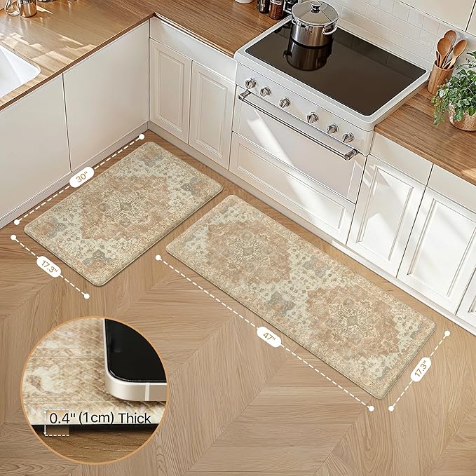 GENIMO Kitchen Mats for Floor 2PCs, Washable Anti Fatigue Mat for Cushioned, 17.3"x47"+17.3"x30", Waterproof Kitchen Rugs, Non Slip Comfort Standing Mat Rug for Home, Sink, Laundry, Orange