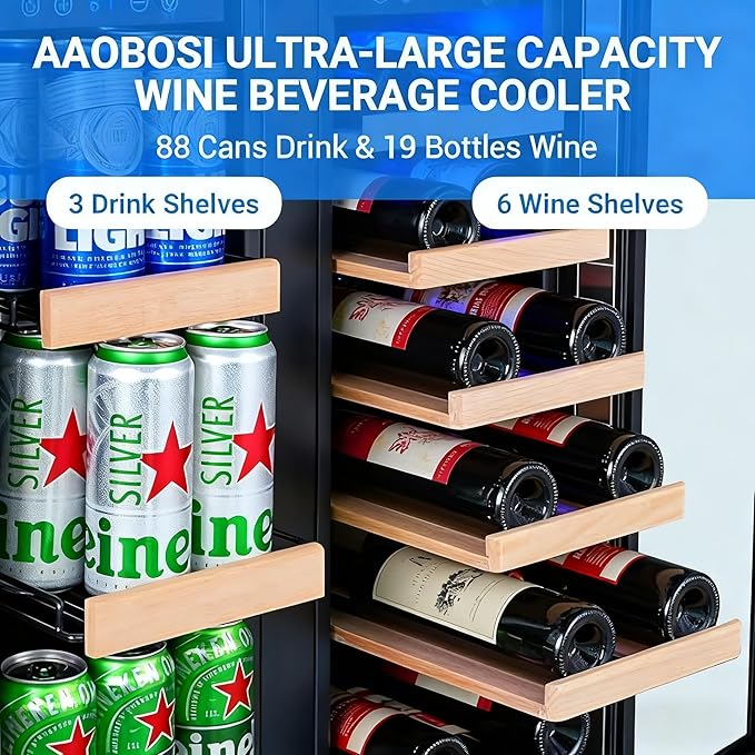 AAOBOSI Upgraded 88 Cans Dual Zone Wine and Beverage Cooler,Built-in and Freestanding,Removable Fashion Wooden Frame,Intelligent Digital Temperatrue Control,Low Noise,Dual Zone 24 Inch 19 Bottles