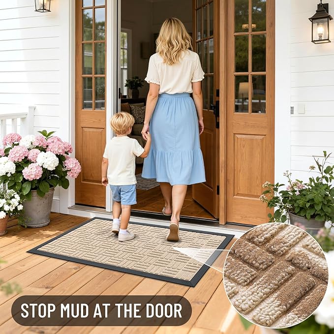 OLANLY Front Door Mat Outside Entrance 47x23, Absorbent, Heavy Duty Sturdy Natural Rubber Doormat Indoor Outdoor, Non-Slip, Stain and Fade Resistant, Low Profile Floor Mat for Entryway, Latte White