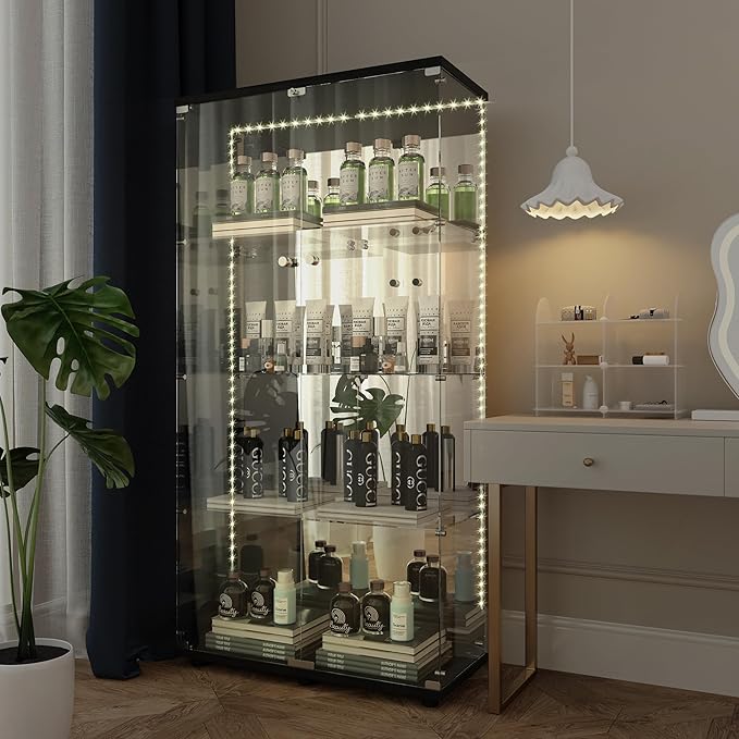 Glass Display Cabinet with LED Light Strip & Mirror Back Panel, 4 Shelves with 2 Doors, Curio Storage Cabinets with Lock for Living Room, Office, Floor Standing Glass Bookshelf - Black