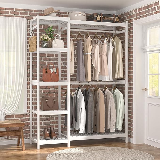 Homykic Bamboo Clothes Rack Garment Rack for Hanging Clothes, Heavy Duty Clothing Rack with 7 Tiers Adjustable Shelves, Double Rods, 4 Hooks, Freestanding Closet System Organizer Wardrobe, White