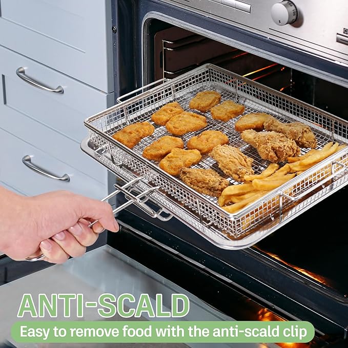 Extra Thick Air Fryer Basket and Tray for Large Oven,2PCS-Set,18.5''×12.9'',Thicker Basket and Crisper Tray Pan,Stainless Steel Air Fryer Accessories,with One Removable Handle