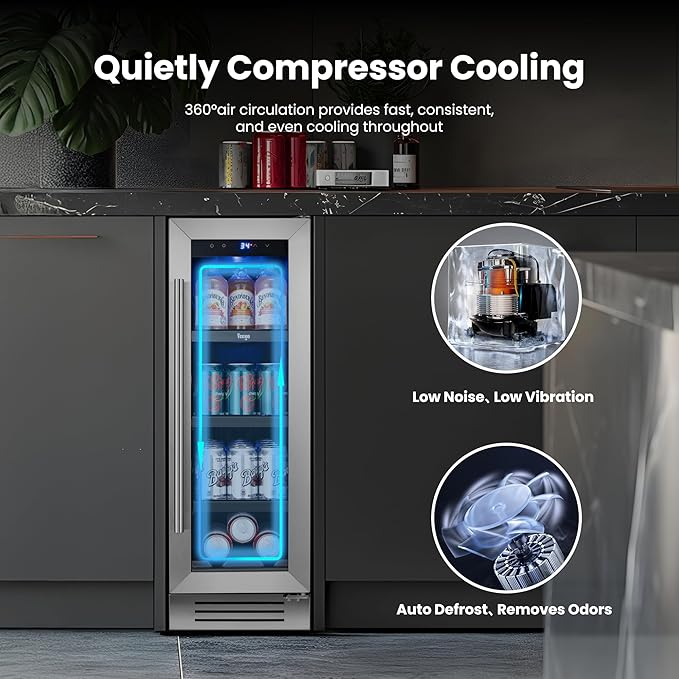 Yeego 12 Inch Beverage Refrigerator - 60 Cans Compact Beverage Cooler with Glass Door, Under Counter Drink Fridge Built-In or Freestanding for Soda, Beer & Wine, Office, Kitchen or Home Bar