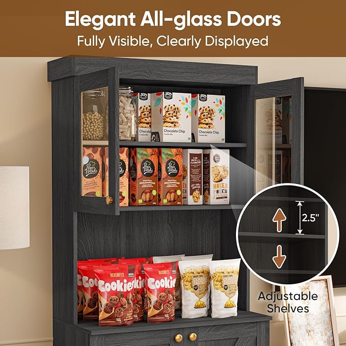 71" Tall Farmhouse Kitchen Pantry, Black Large Storage Cabinet with Glass Doors and Drawers, Freestanding Coffee Bar Hutch with Microwave Stand, Adjustable Shelves for Kitchen or Living Room, Set of 4