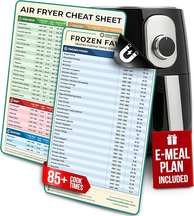 Cathy Yoder's Air Fryer Cheat Sheet Set, Air Fryer Accessories, AirFryer Cooking Guide Magnetic Cheat Sheet, AirFryer Cook Times Chart Magnet, Internal Food Temp for 80+ Popular Foods - Sand