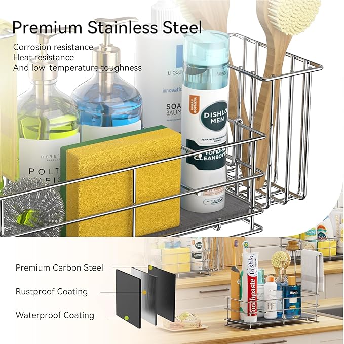 Yofidra Sponge Holder for Kitchen Organizer: Sink Caddy with Instant Drying Stone, Metal Stainless Steel, 9.4" X 4.7" X 7"4 Home Decor Storage and Organization Accessories