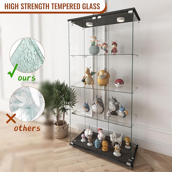 Yoluckea 4-Shelf Glass Display Cabinet with LED Lights, 2-Door Floor Standing Curio Cabinet with Universal Wheel for Home or Office, Black Glass Bookshelf for Collections, Decor, and Corner Display