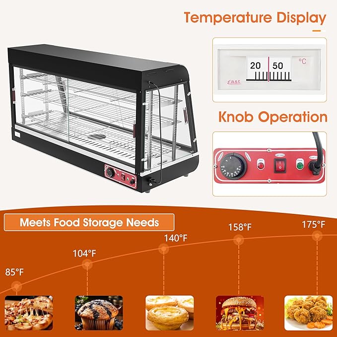 Countertop Food Warmer 48" inch,3-Tier Commercial Warmers for Food Display, Glass case, with LED Lighting Removable Shelves Pastry for Buffet Restaurant