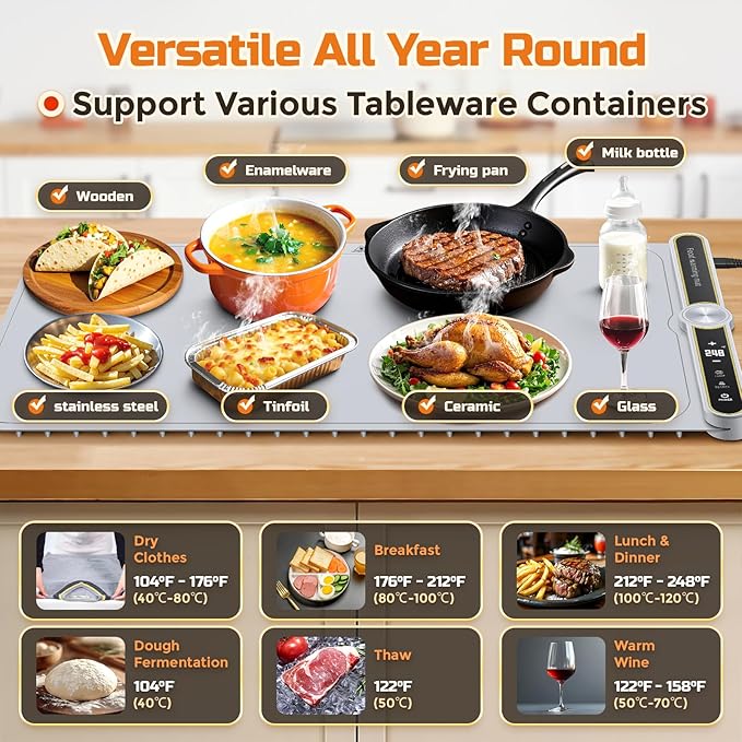 Warming Mat for Food - Super Large 40"x15" Electric Warming Tray Warm 10 Dishes, 9-Temperature Adjustable, 1-6H Timer, Child Lock, 8s Fast Heating, Foldable Food-Grade Silicone Design