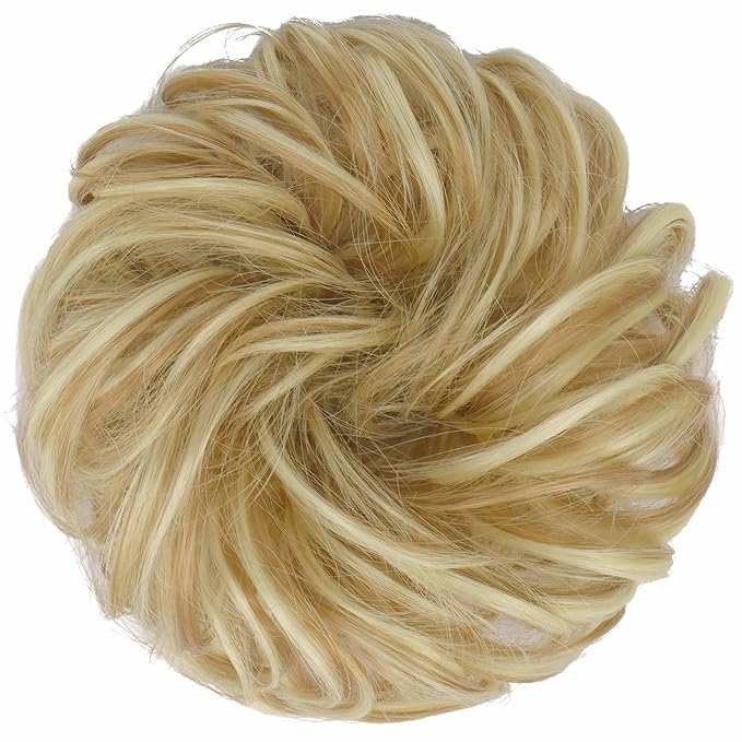 FESHFEN Large Messy Bun Hair Piece - Wavy Synthetic Chignon Scrunchies Elastic Ponytail Hair Extensions Thick Hairpieces for Women, Light Ash Brown & Bleach Blonde 1.94oz