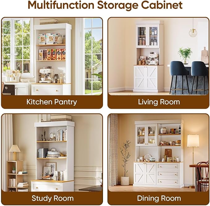 Vyre 71" Farmhouse Kitchen Pantry Cabinet, White Freestanding Coffee Bar Hutch with Drawers & Adjustable Shelves, Large Storage Cabinet with Microwave Stand for Living Room & Kitchen